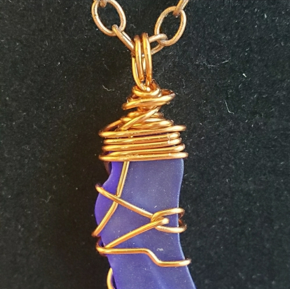 Copper Wire Wrapped Sea Glass~ Cobalt